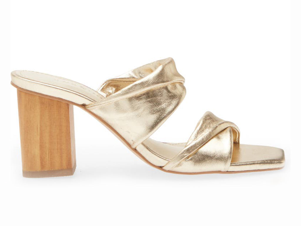 gold metallic double strap sandal on a block heel - side view