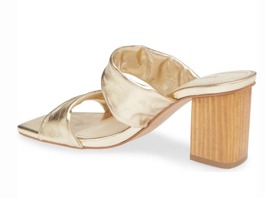 gold metallic double strap sandal on a block heel - view from the back