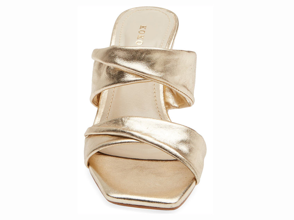 gold metallic double strap sandal on a block heel - front view