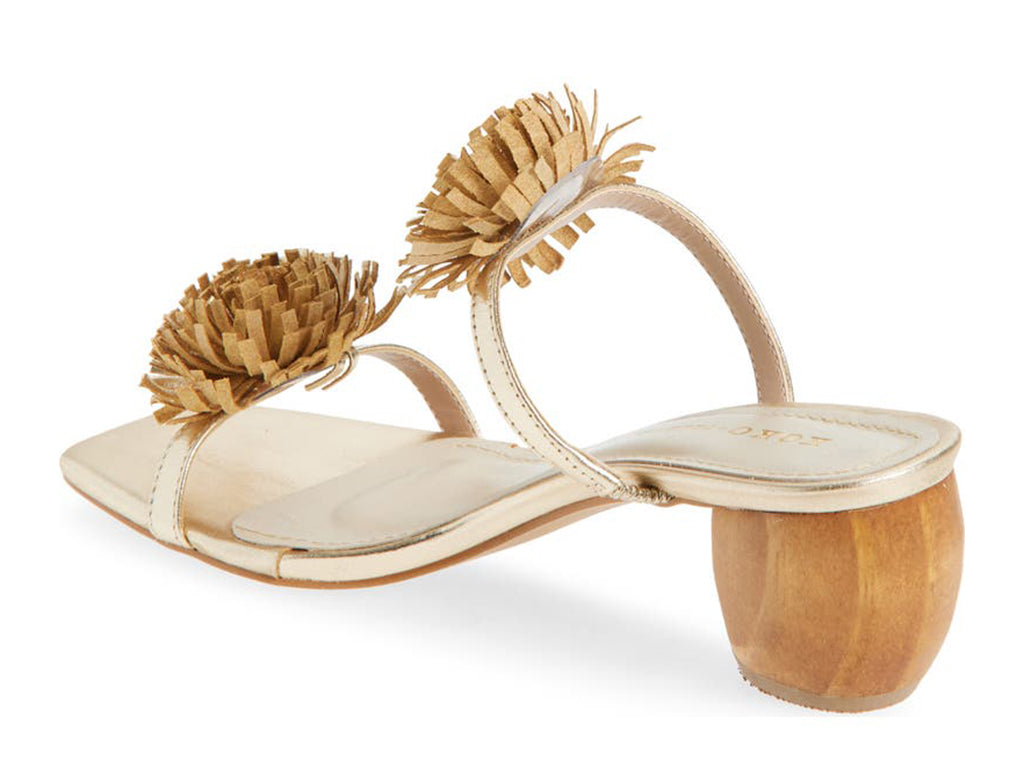 gold metallic sandal with pom-pom details on a cylindrical block heel - view from the back angle