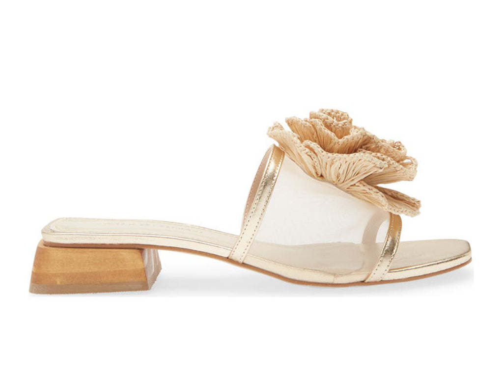 Gold sandal with nylon upper and a raffia floral detail - side view