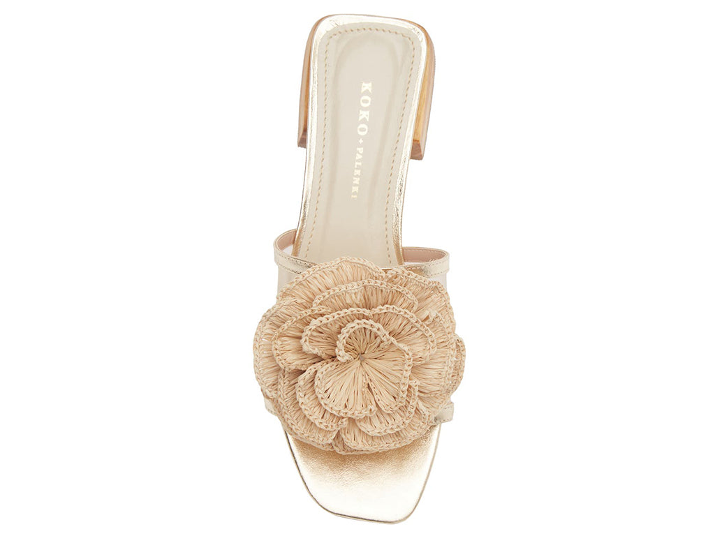 Gold sandal with nylon upper and a raffia floral detail - top view of the raffia flower and toe shape