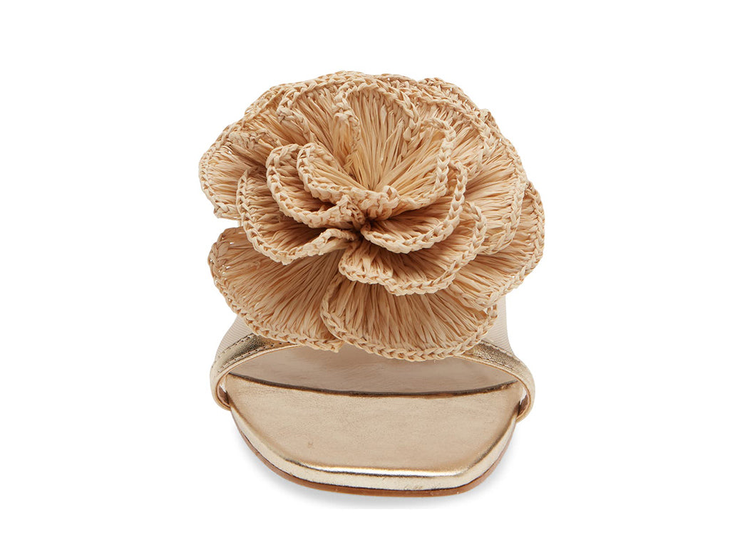 Gold sandal with nylon upper and a raffia floral detail - front view
