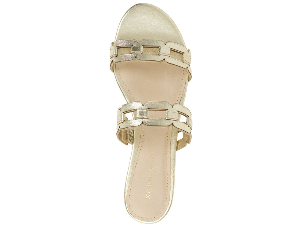 gold sandal with strap details - top view of the straps and round toe