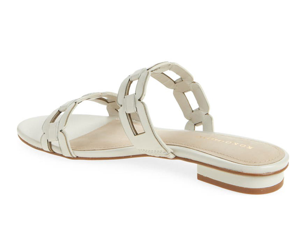 White sandal with strap details on a low heel - back angle view of heel and straps
