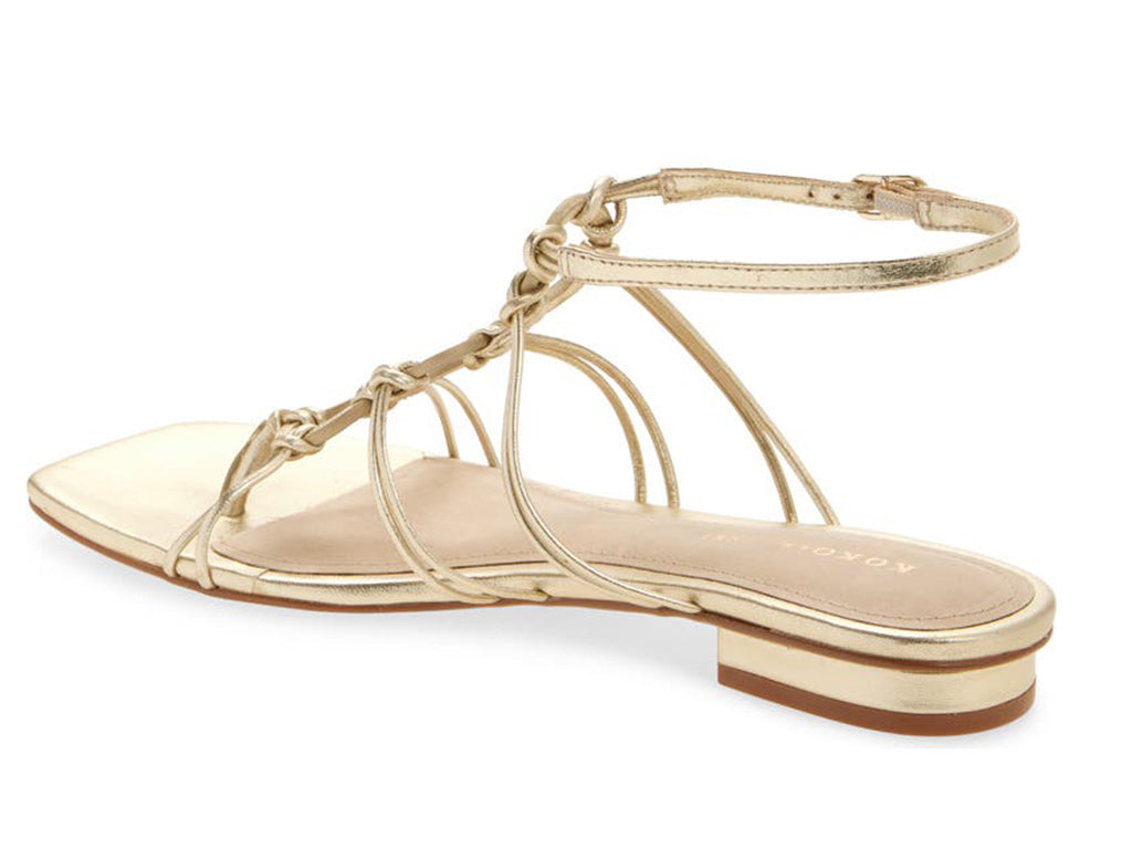 gold strappy sandal, view of ankle strap and side