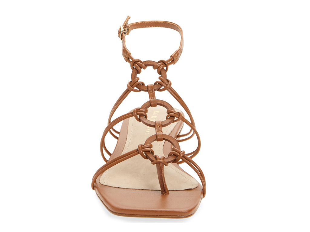 tan colored sandal with thin straps, ankle strap, and low heel - front view