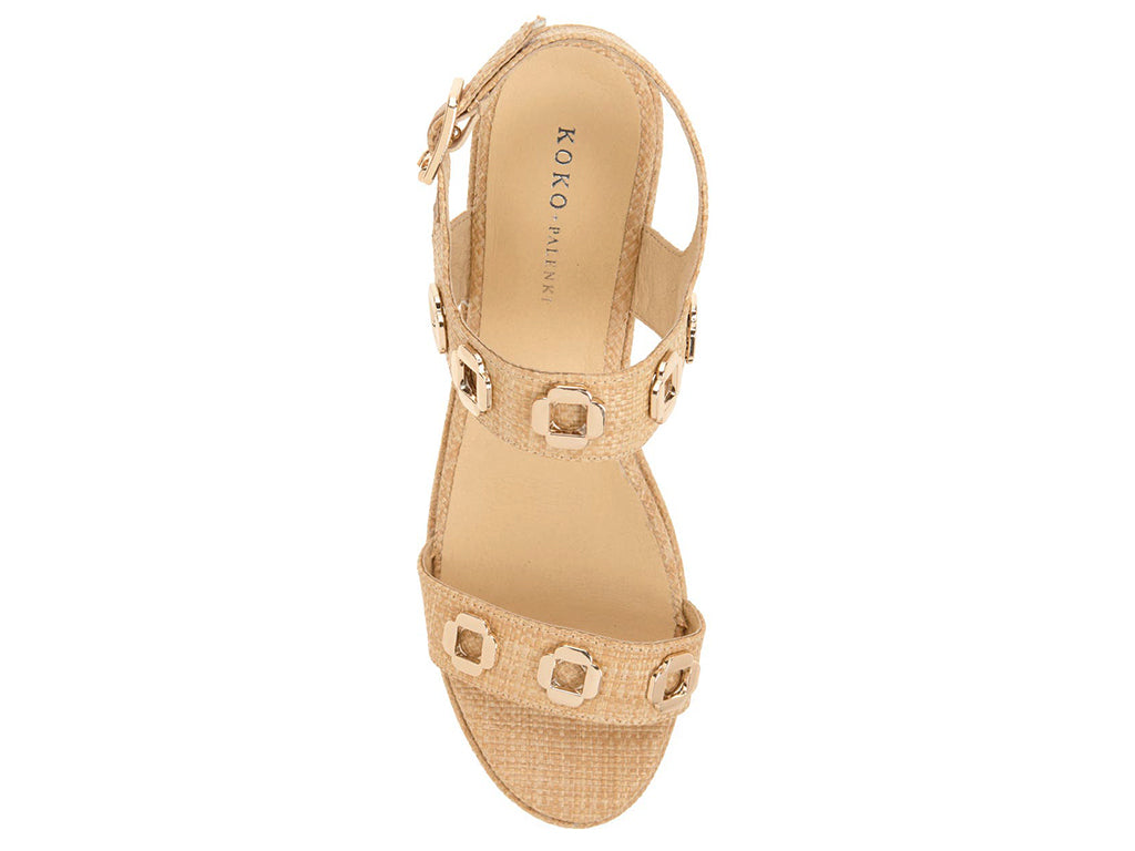 raffia upper wedge sandal with decorative rivets - top view of straps and round toe
