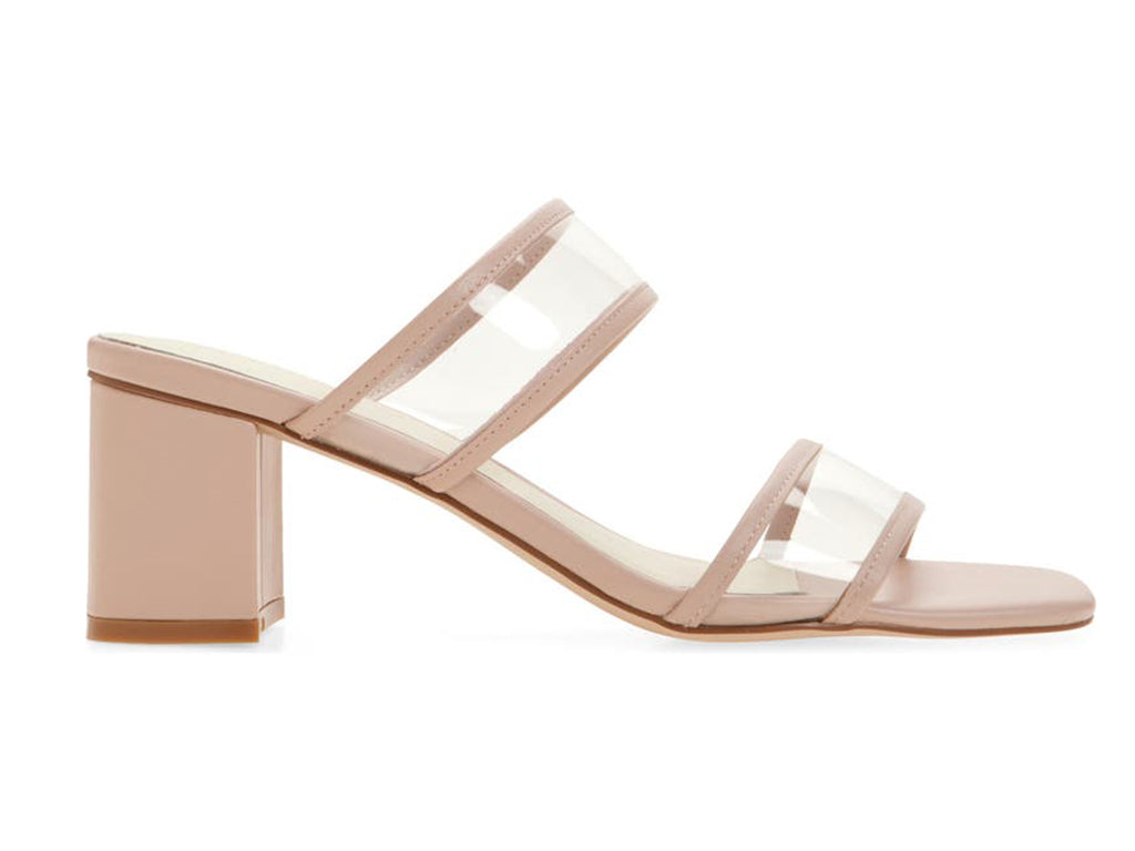 block heel sandal with 2 band PVC upper trimmed with blush colored leather- vie of the side