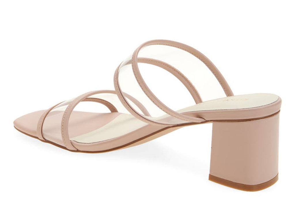 block heel sandal with 2 band PVC upper trimmed with blush colored leather- view of the back angle and block heel