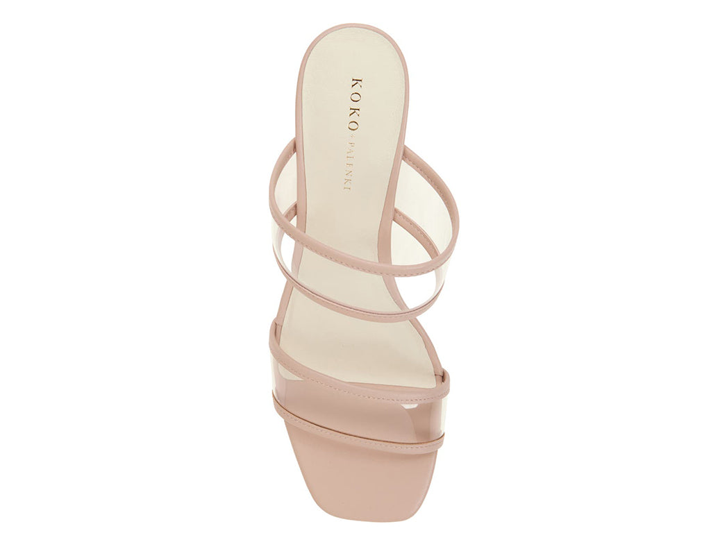 block heel sandal with 2 band PVC upper trimmed with blush colored leather- top view of upper and square toe