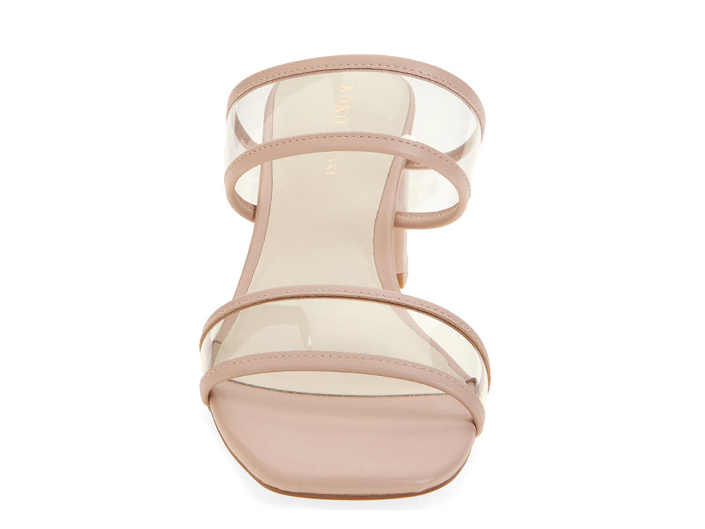 block heel sandal with 2 band PVC upper trimmed with blush colored leather- front view of toe opening