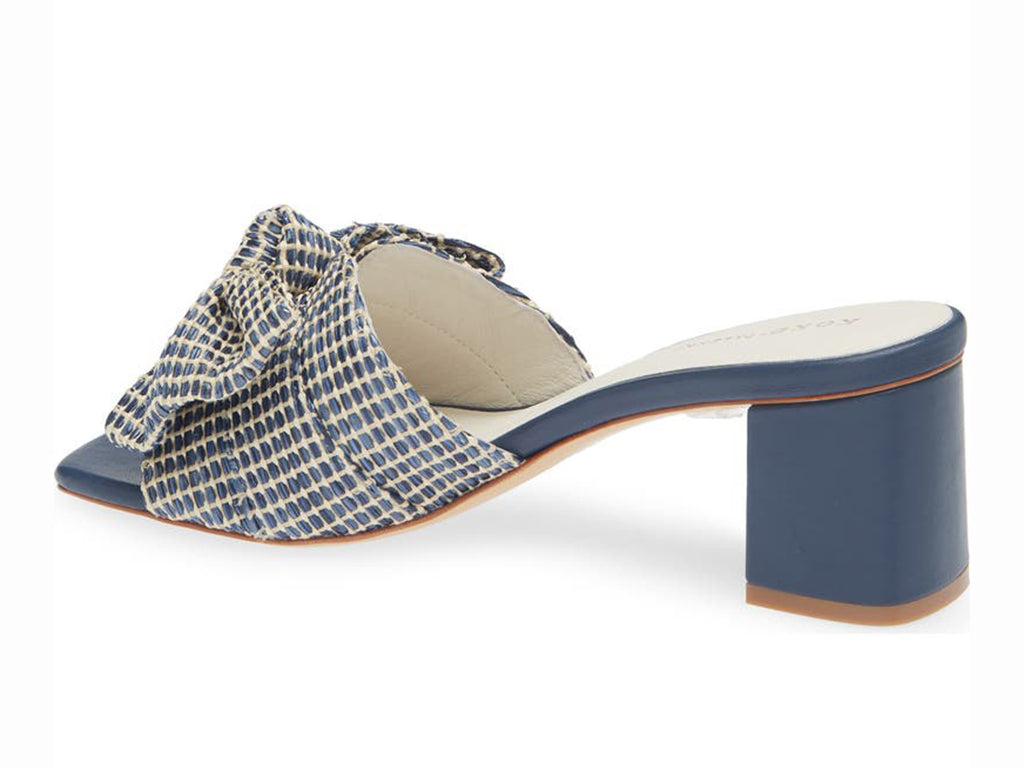 navy raffia block heel sandal with over size bow - view from the back