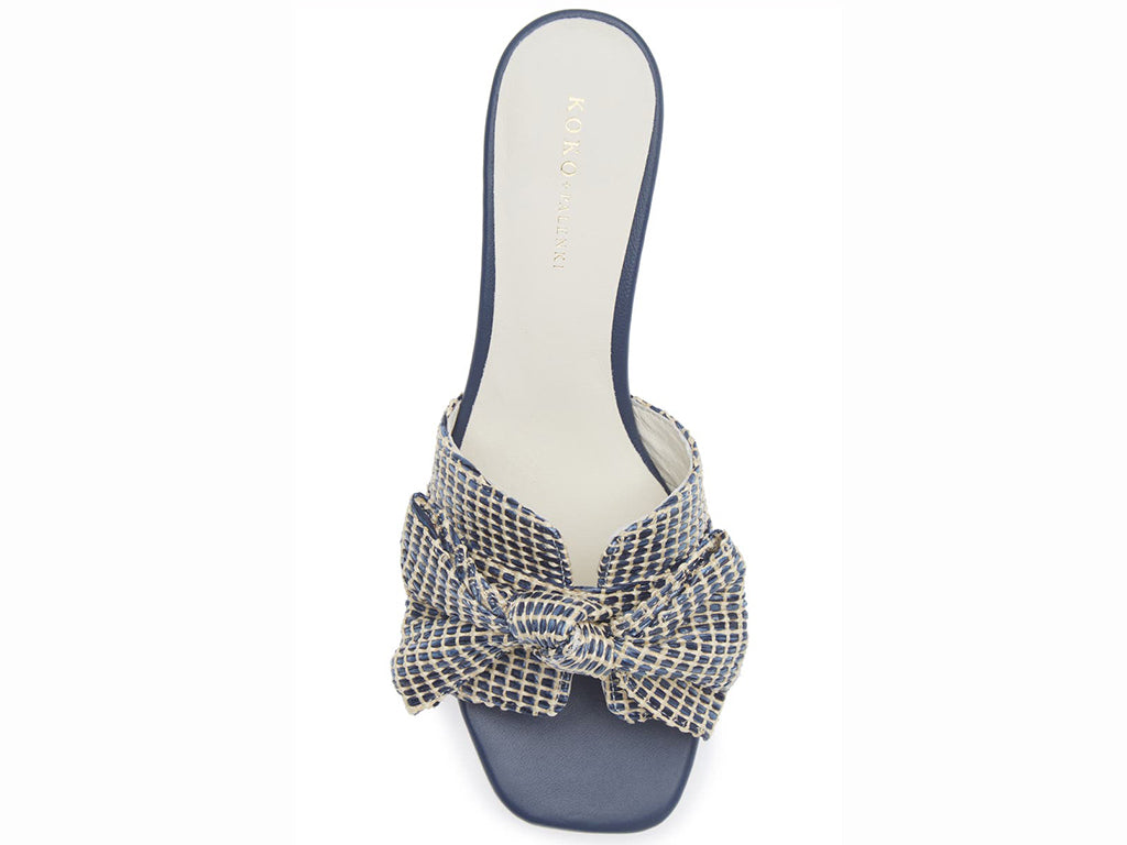 navy raffia block heel sandal with over size bow - view of the upper from the top