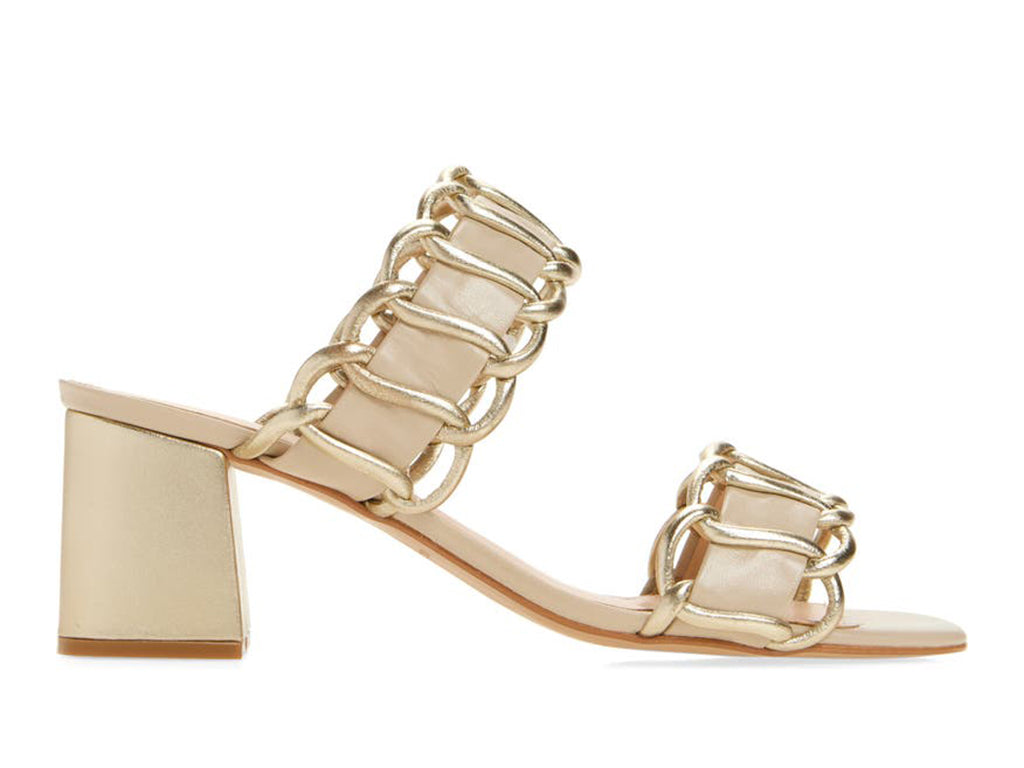 beige sandal with chain inspired leather straps and block heel-side view