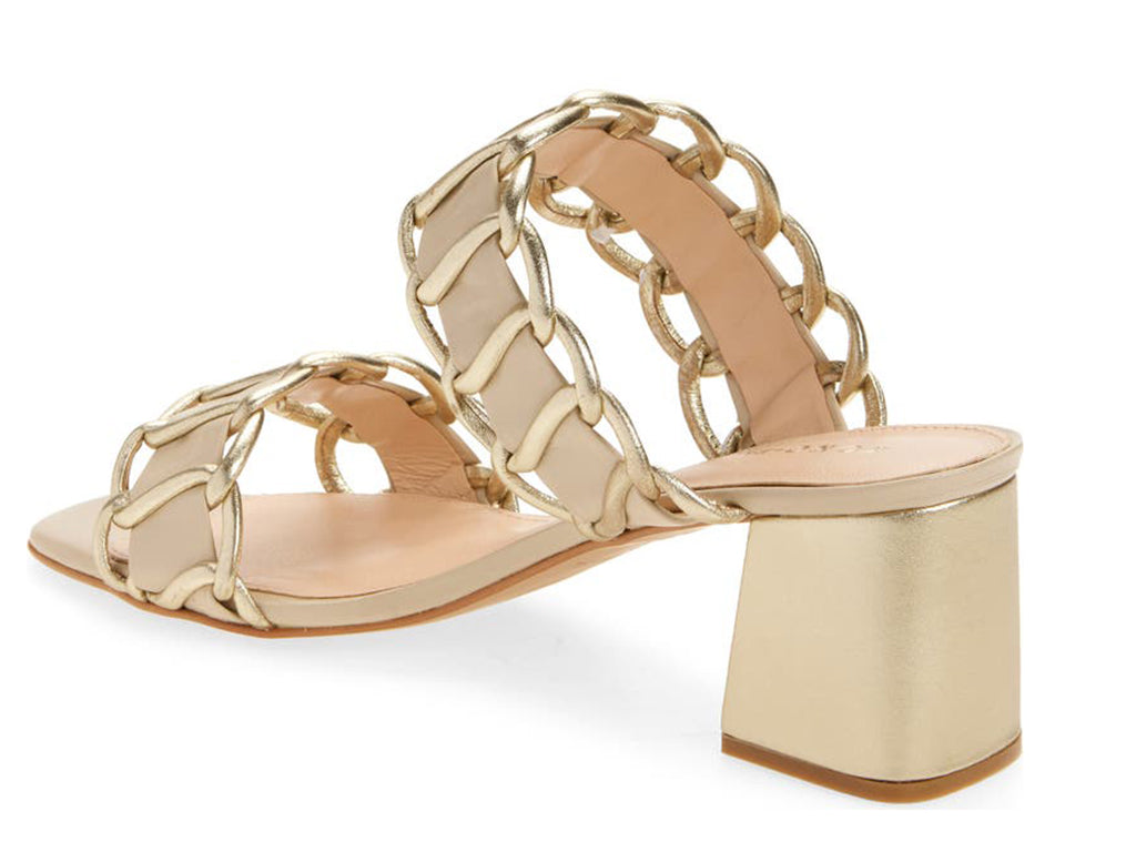 beige sandal with chain inspired leather straps- back angled view of block heel
