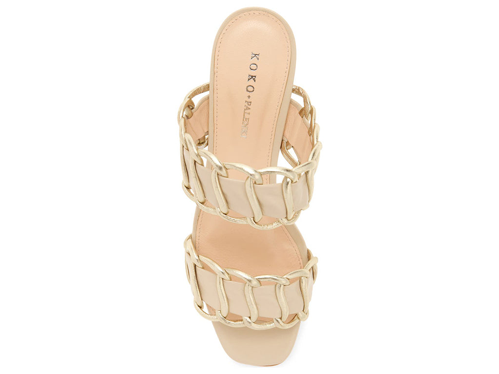 beige sandal with chain inspired leather straps - top view of straps