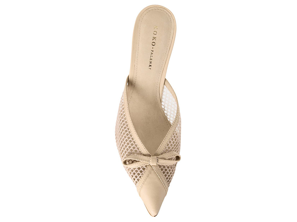 Beige mid-heeled shoe with mesh design - top view of the pointy toe and upper