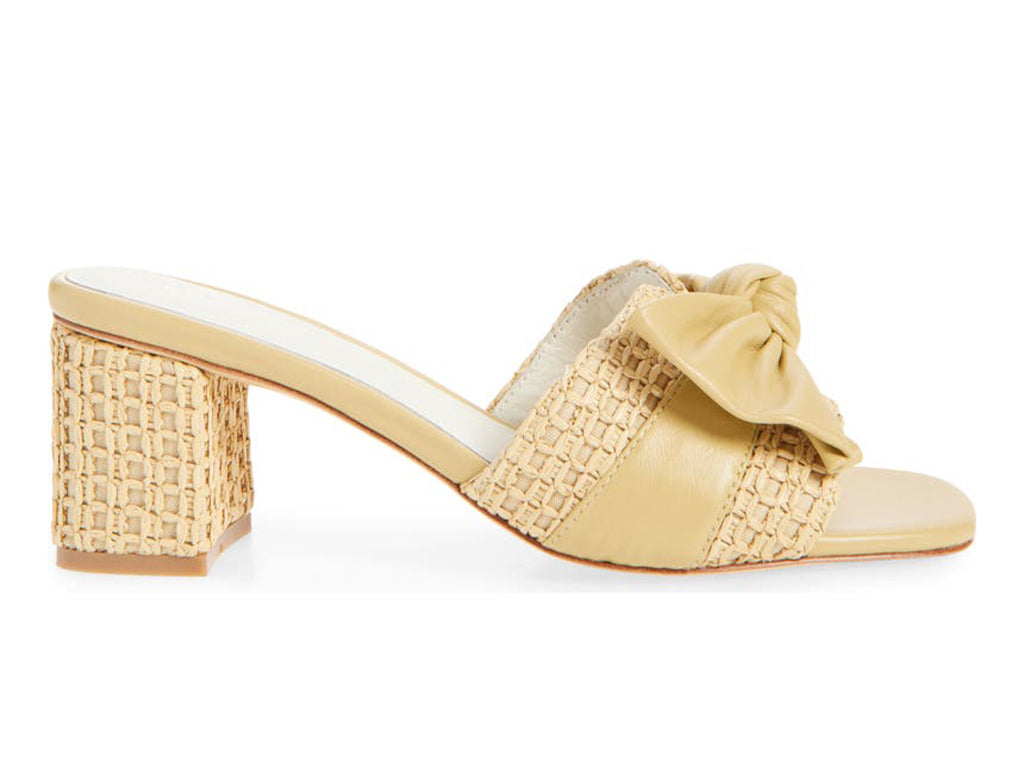 Beige sandal with woven details and a bow on a block heel - side view
