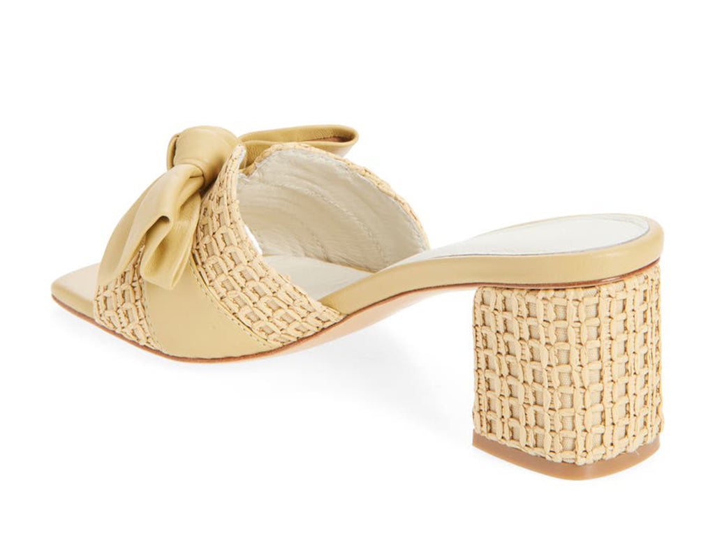 Beige sandal with woven details and a bow on a block heel - view from a back angle
