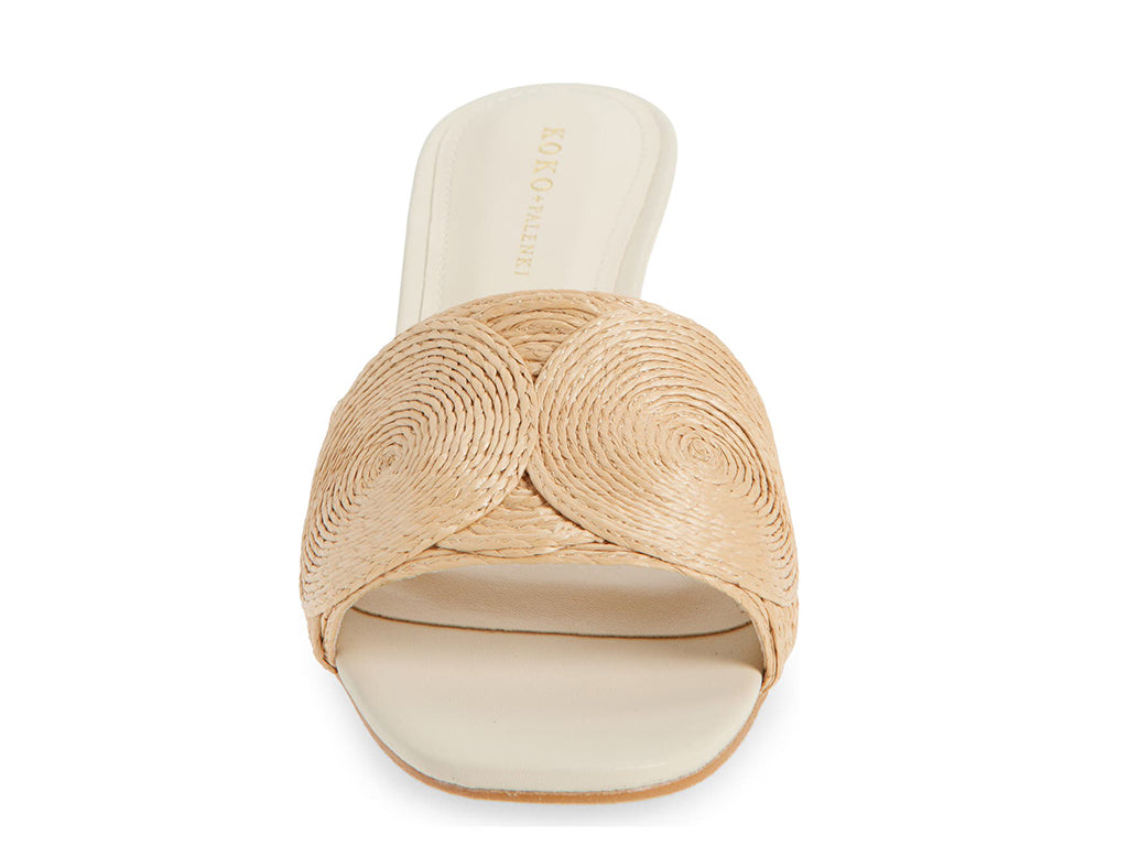 Slide sandal with one strap circle pattern raffia upper - view from the front 