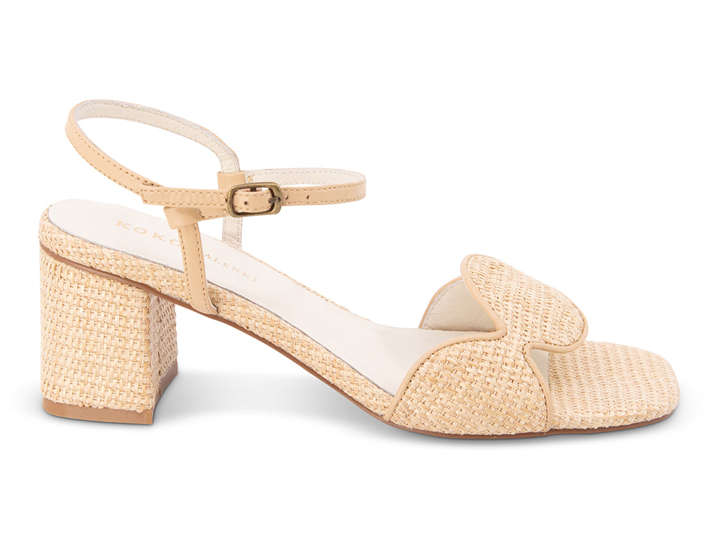 Sphere block heel in natural raffia side view of heel, circled upper and ankle strap