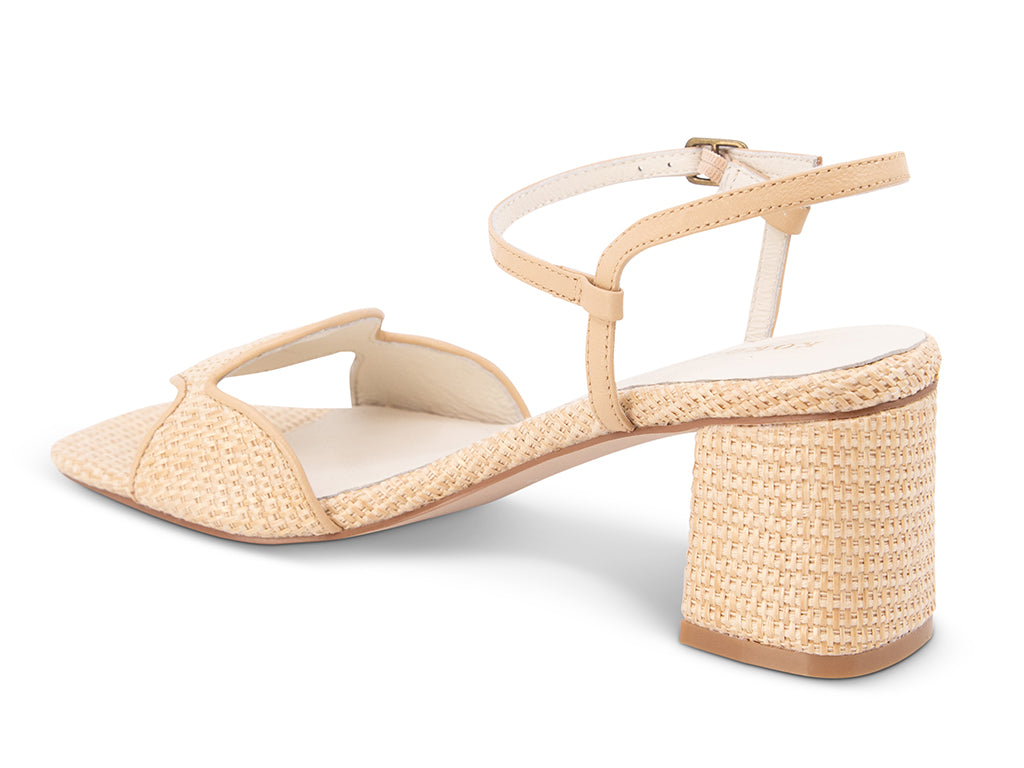 Sphere block heel in natural raffia back angle view of block heel and ankle strap