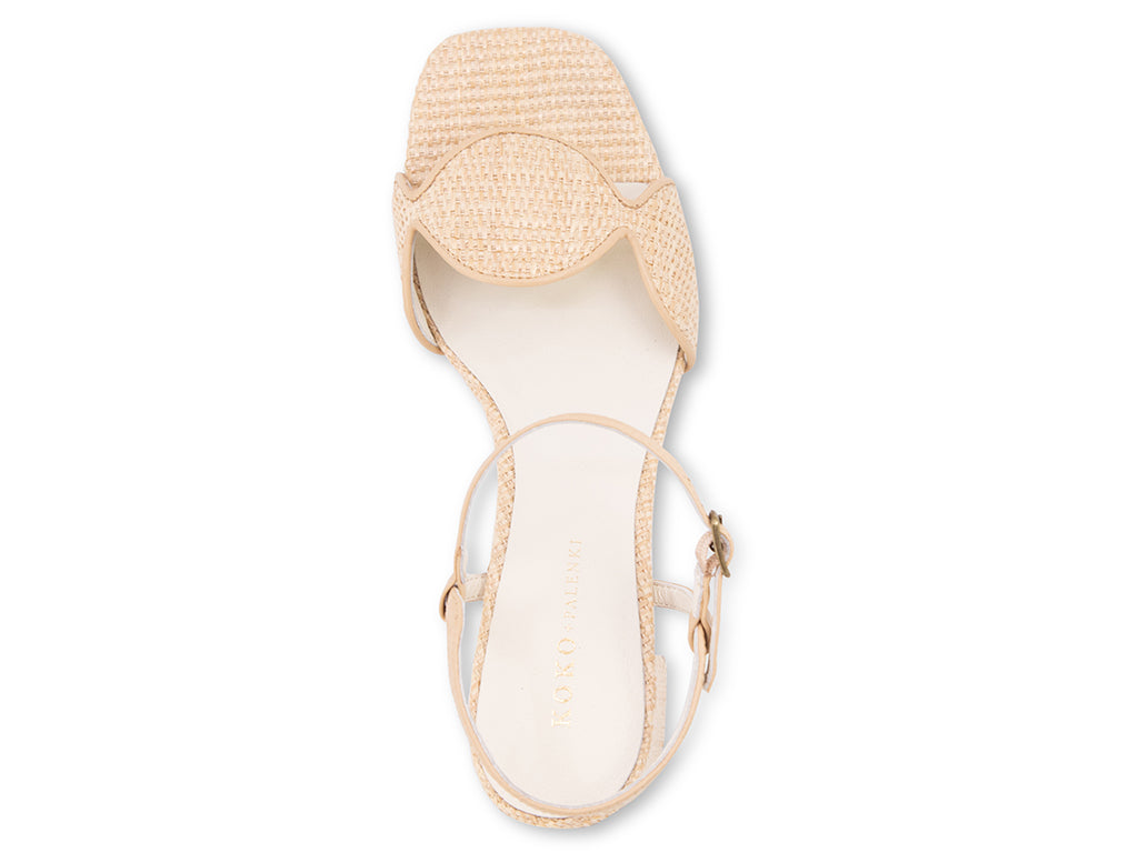 natural raffia sandal with open toe and ankle strap, top view of the circled strap upper