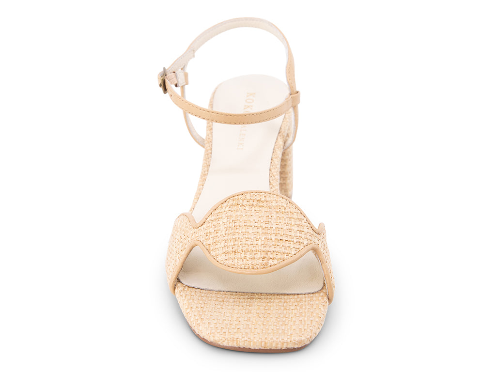 Sphere block heel in natural raffia, front view of ankle strap and circled upper