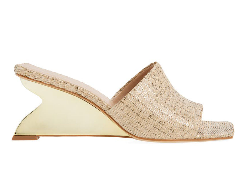 metallic woven upper slide sandal on a sculptural gold heel - side view
