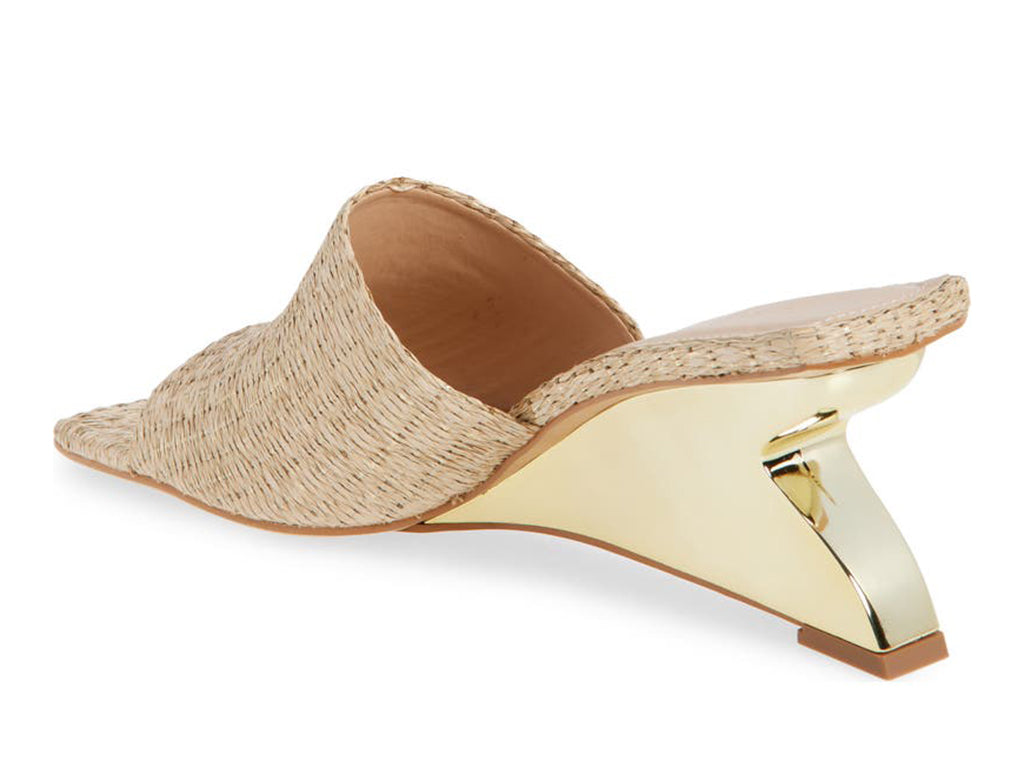 metallic woven upper slide sandal on a sculptural gold heel  - view from the back