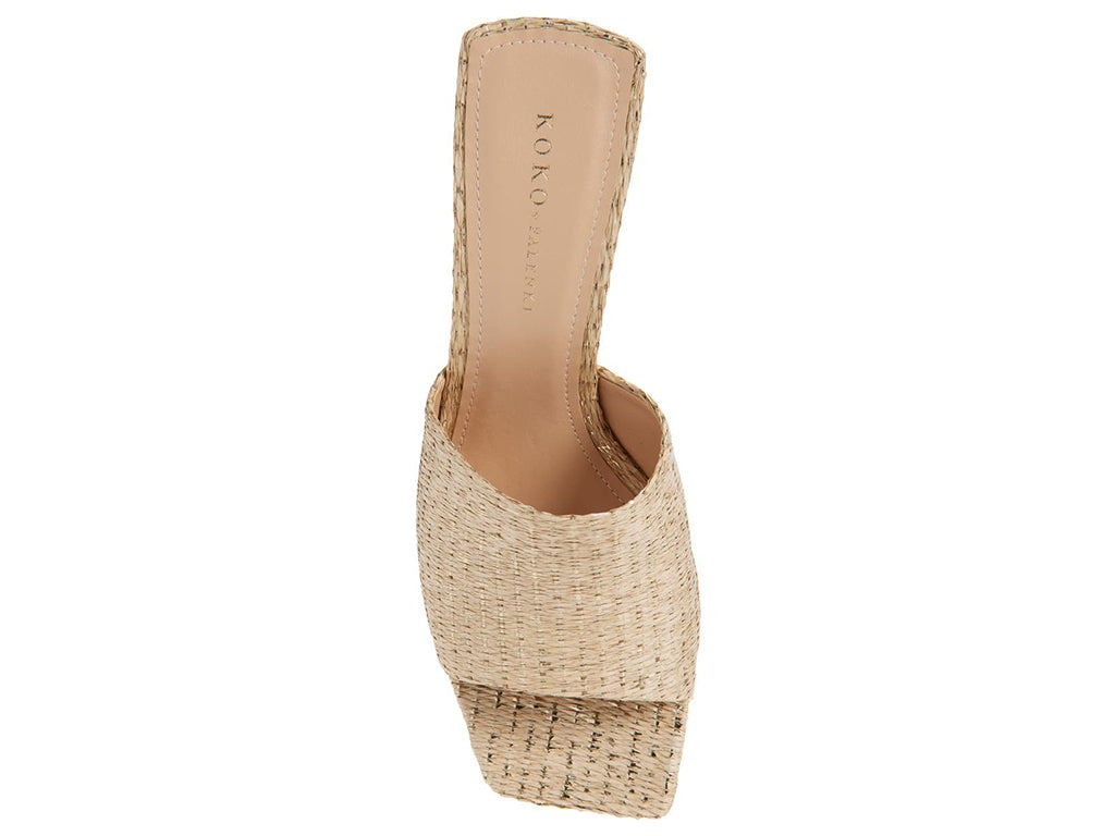 metallic woven upper slide sandal on a sculptural gold heel - top view