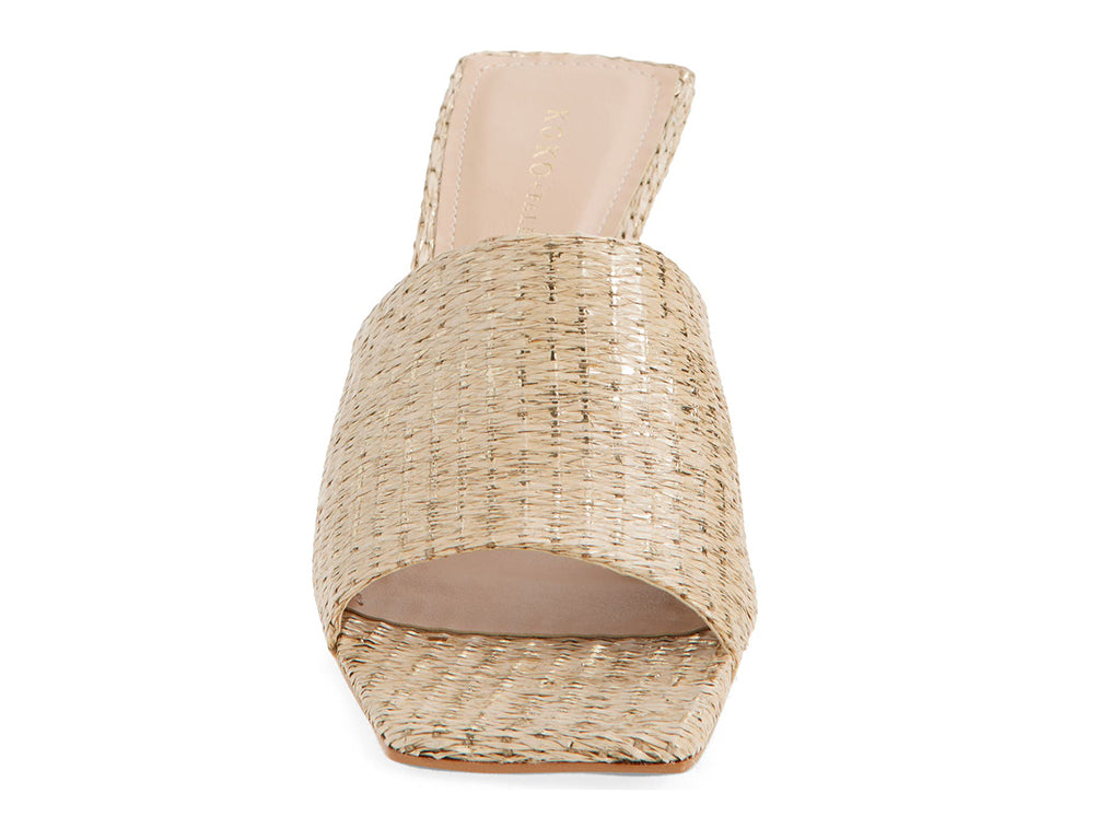 metallic woven upper slide sandal on a sculptural gold heel - front view