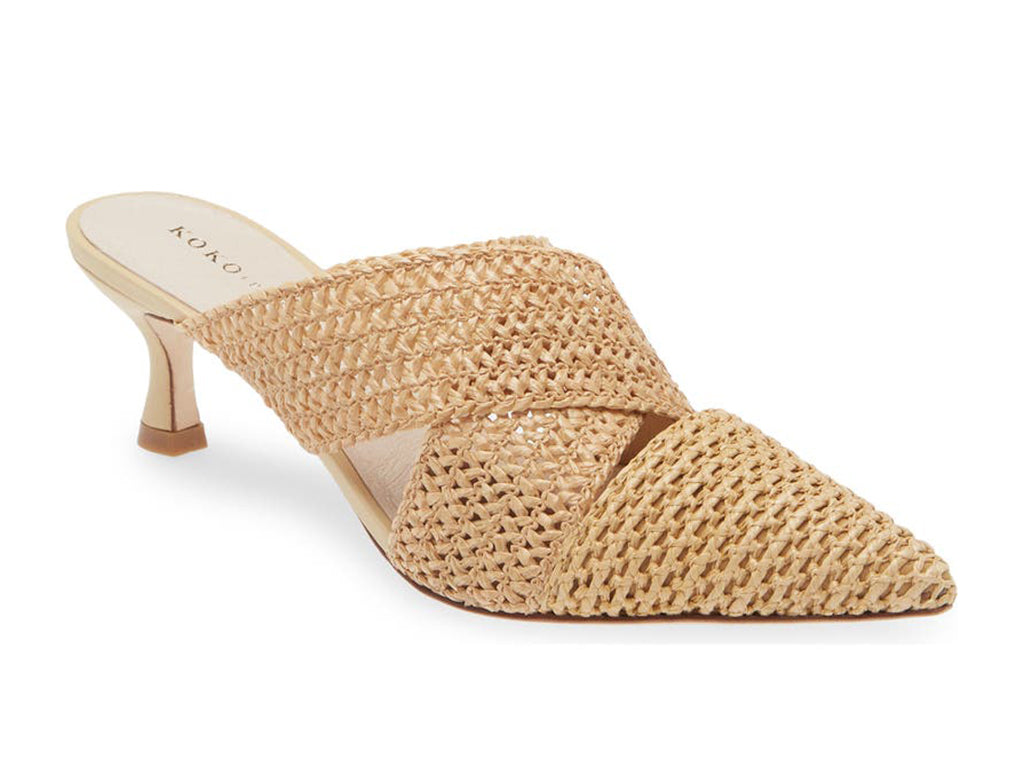 Raffia woven crisscross mule with mid-height stiletto heel and pointy toe
