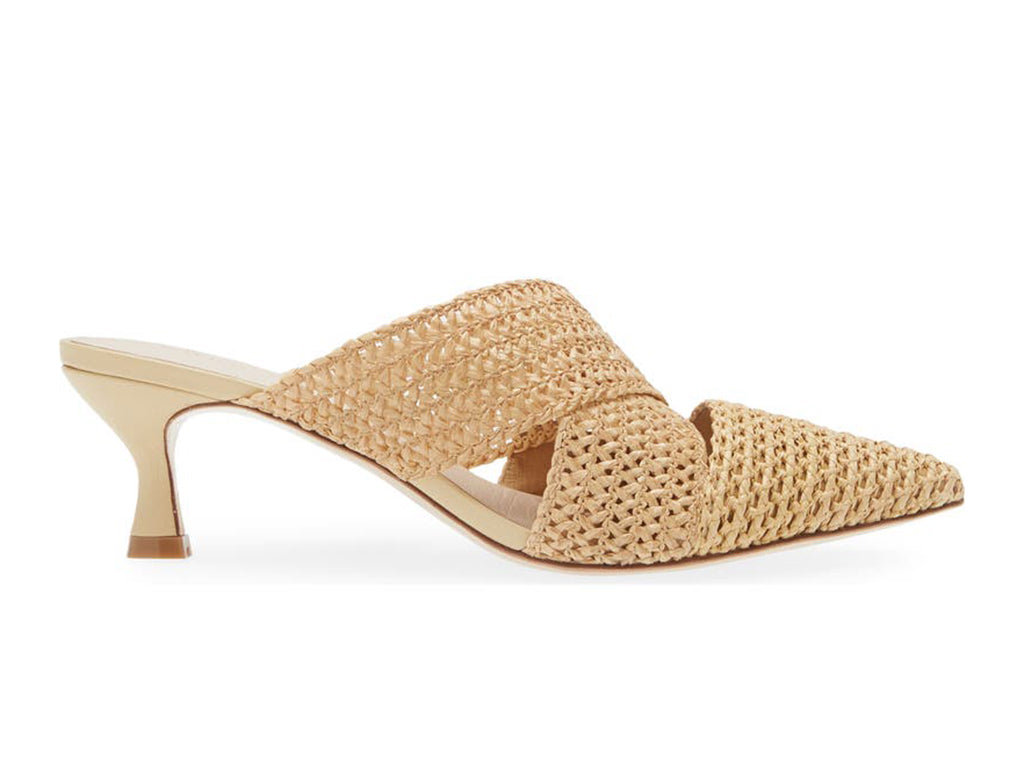 Raffia woven crisscross mule with mid-height stiletto heel and pointy toe-side view