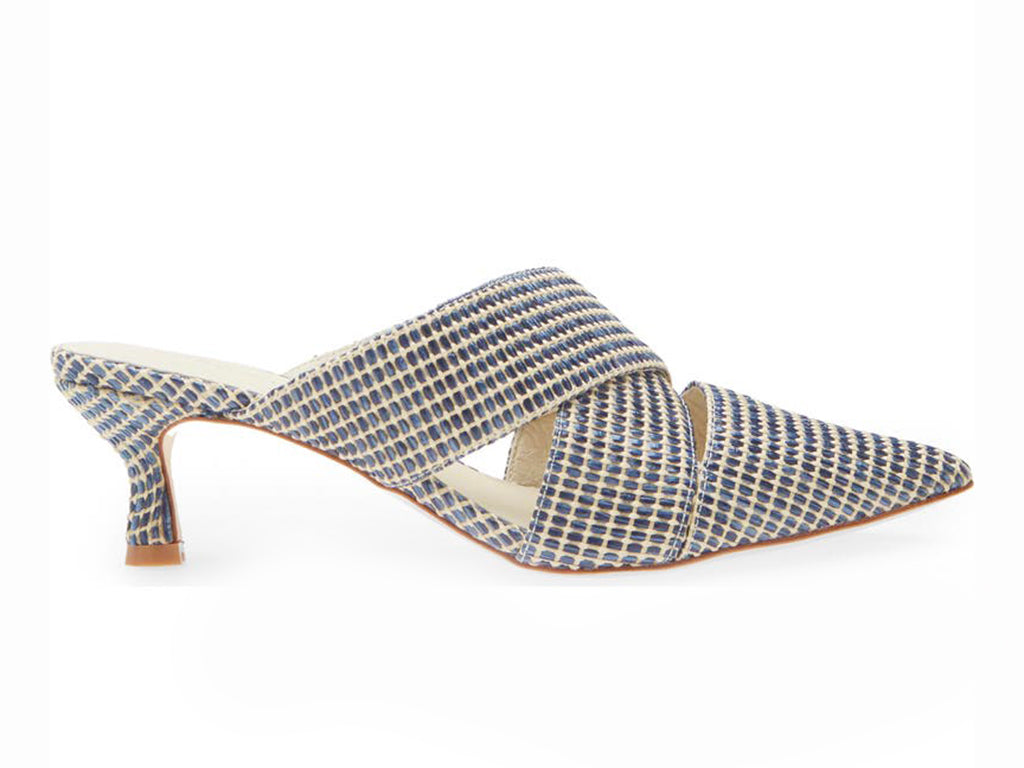 blue raffia crisscross pointed toe mule on a slim heel - side view