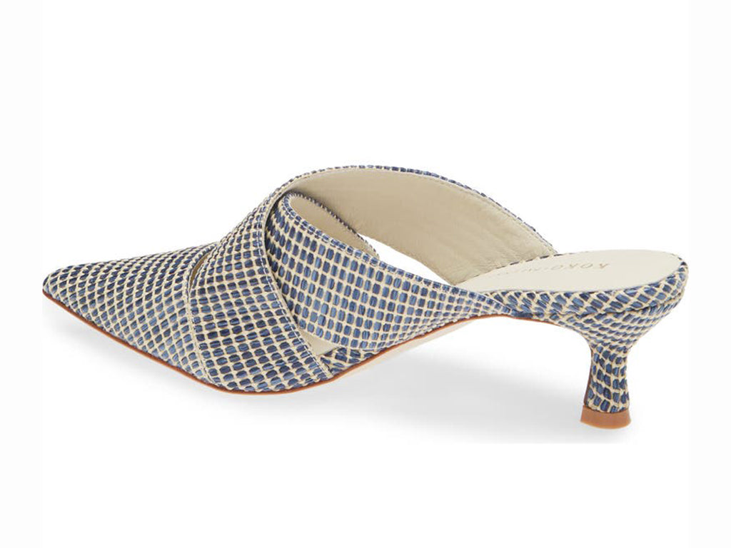 blue raffia crisscross pointed toe mule on a slim heel - view from the back angle