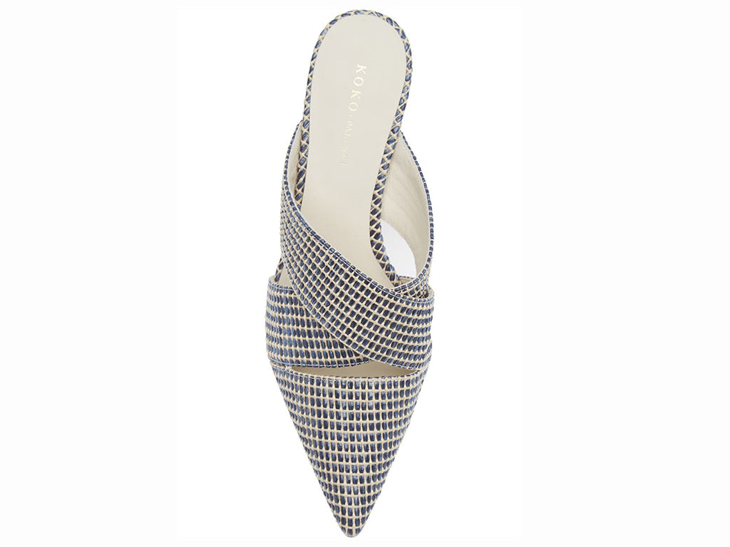 blue raffia crisscross pointed toe mule on a slim heel - view from the top