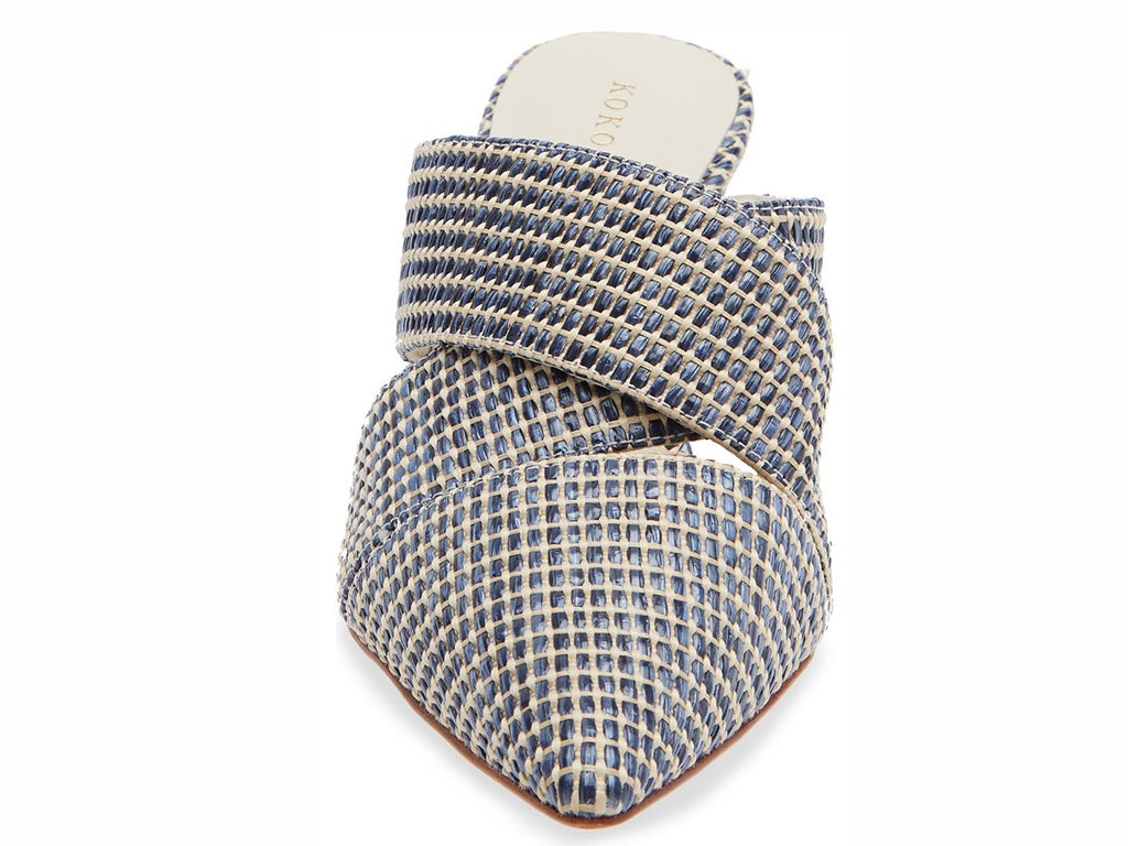 blue raffia crisscross pointed toe mule on a slim heel - front view