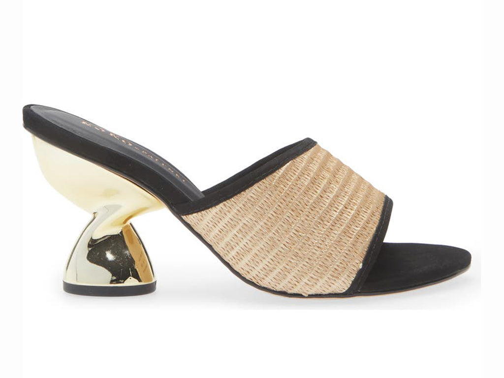 raffia upper sandal with black trim and gold twist heel - side view
