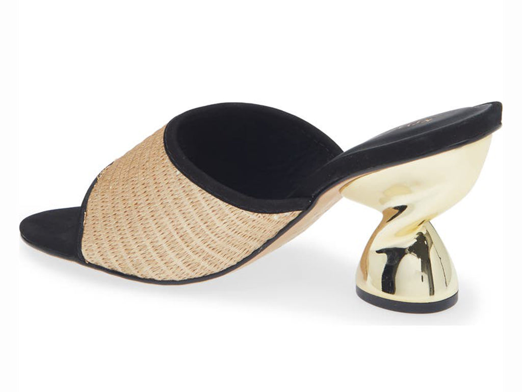 raffia upper sandal with black trim and gold twist heel - view from the back angle