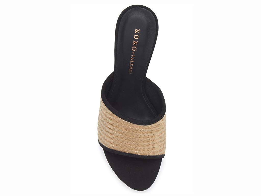 raffia upper sandal with black trim and gold twist heel - top view