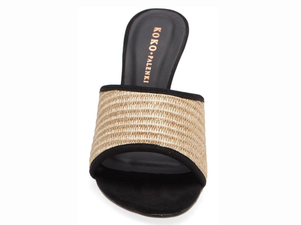 raffia upper sandal with black trim and gold twist heel - view from the front